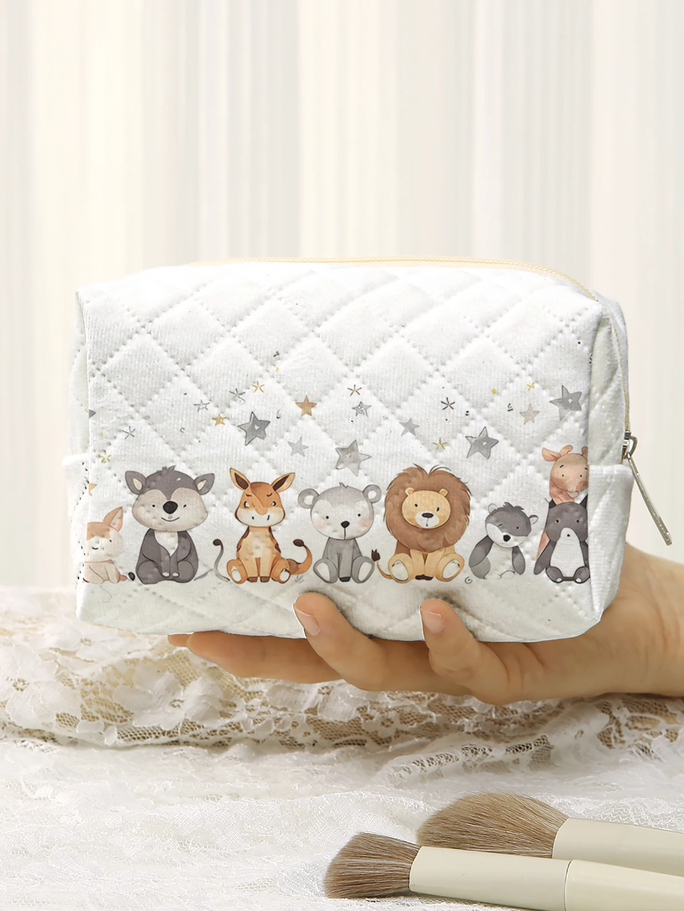 Bolsa de Cosméticos Acolchada Grande con Estampado de León, Zorro, Lobo y Estrellas, Bolsa de Maquillaje con Cierre, Bolsa de Almacenamiento para Niños, para Viajes Diarios