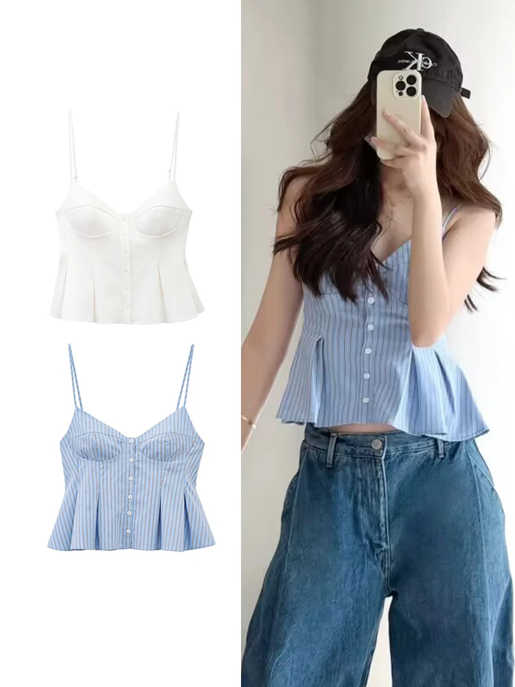 TFMLN 2025 Fashion Women's Camisole Tops Summer Causal Sleeveless Striped Strap Shirts High Street Ladies Folds Hem Tops