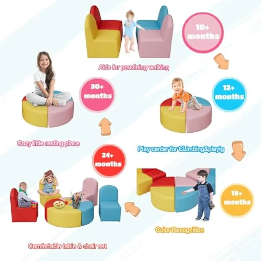Sofa Seating Set Convert to Table and 4 Chairs Colorful Stools for Toddlers Soft Foam Play 8 PCs Set for Classroom