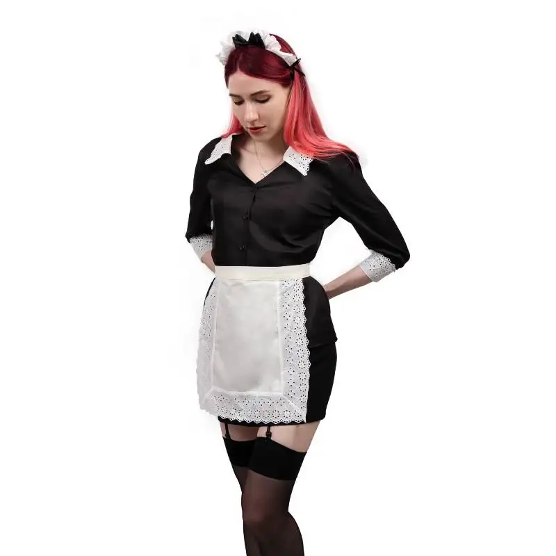 DAZCOS Moira O'Hara Cosplay Costume French Maid Apron Dress Outfits for Women Halloween Maid Sexy Shirt and skirt with Apron