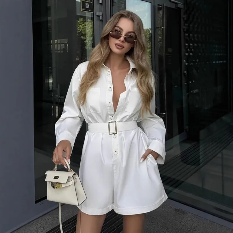 Uoozee Office Lady Commute Belted Wide Leg Playsuit Long Sleeves Loose Buttoned Pockets Stylish Casual Romper Jumpsuit for Women