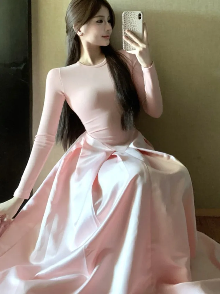 Vintage French Knit Spliced Long Dress Woman Autumn Slimming O Neck Evening Party Dresses Wedding Graduation Prom Female Clothes