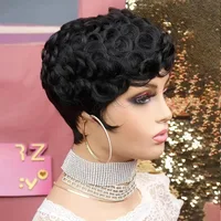 Short Wavy Curly Pixie Cut Full Machine Made Human Hair Wigs With Bang For Black Women Remy Brazilian Hair Pixie Cut Wig 5
