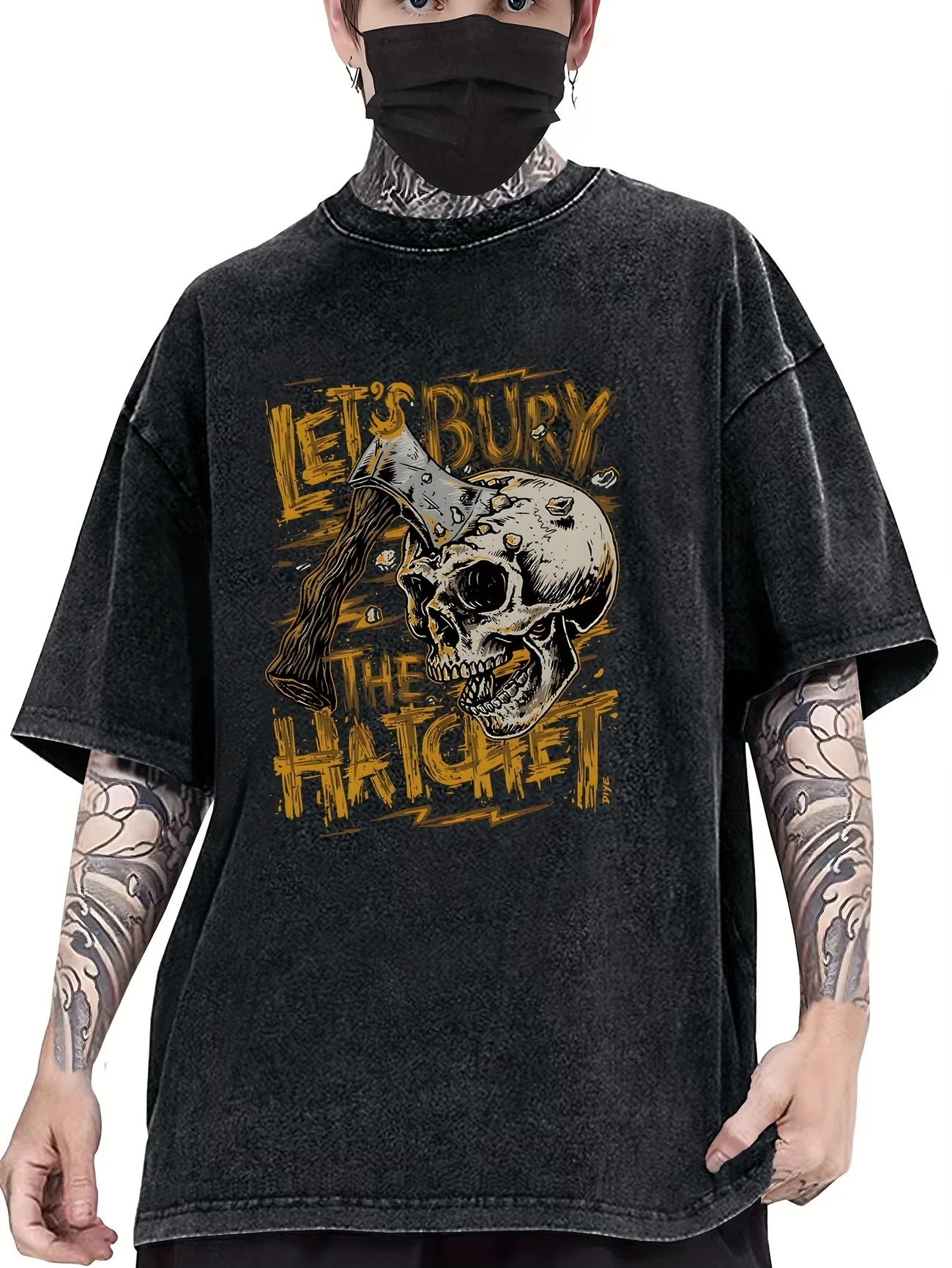 Men's Washed T Shirt LETSBURY THE HATCHET skeleton Goth Grunge Punk  Y2K Grunge Vintage Summer Women Tee Oversize Streetwear top