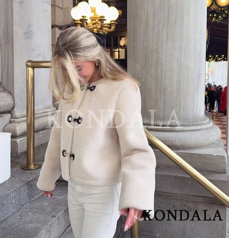 Jaket Bulu Imitasi KONDALA Musim Gugur Musim Dingin, Jaket Bulu Imitasi Elegan Berikat, Jaket Slim Dua Sisi, Mode 2025, Mantel Wanita Romantis Manis