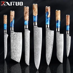 XITUO-Juego de cuchillos de cocina de acero damasco VG10, cuchillo de Chef, cuchillo de pelar pan, mango de madera estabilizado de resina azul, 1-7 piezas