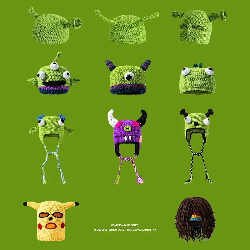 2022 New Balaclava Monster Wool Winter Knitted Devil Hats Halloween Christmas Gifts Winter Warm Green Party Funny Cap Shrek Hat - Image 2