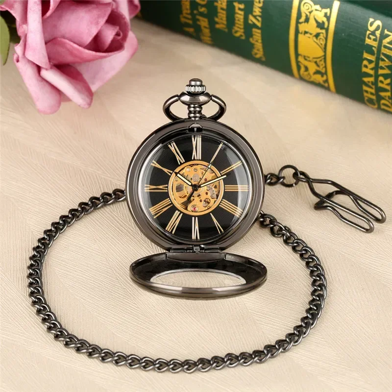 Antique Style Men Women Hand Winding Mechanical Skeleton Pocket Watch Necklace Pendant Chain Roman Number Display Timepiece