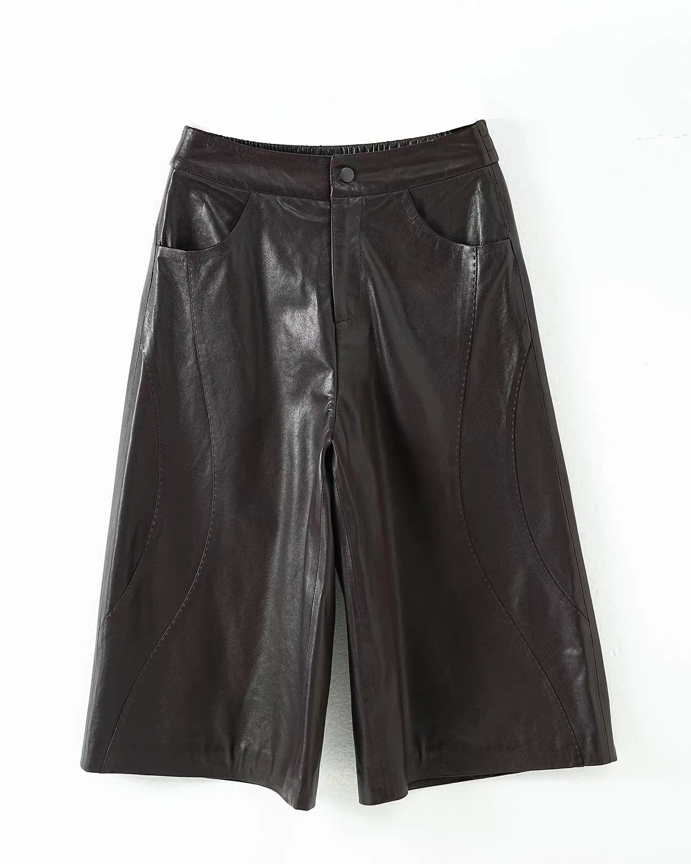 Fashion 2026 Leather Five-point Pants Women New Commuter Waist Loose Sheepskin Wide Leg Length Cylinder