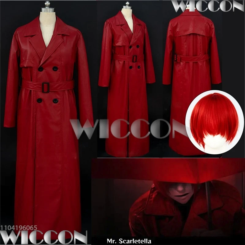 Mr scarletella cosplay jogo homicipher o enigmático antagonista traje peruca longo vermelho trench coat feminino masculino Holloween personalizado