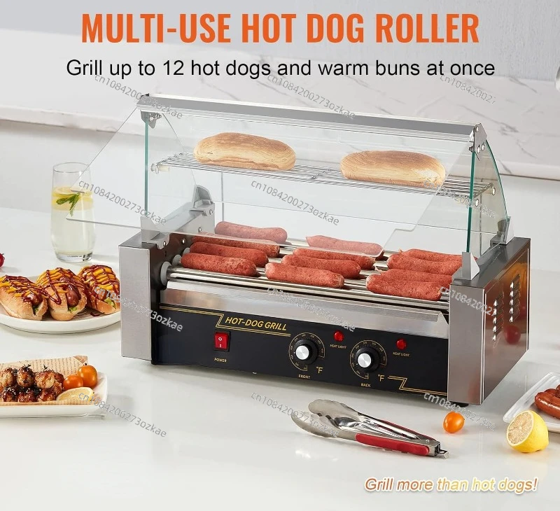 Hot Dog Roller 5 Rollers 12 Hot Dogs Capacity, 750W Stainless Sausage Grill Cooker Machine, Dual Temp Control Glass Hood