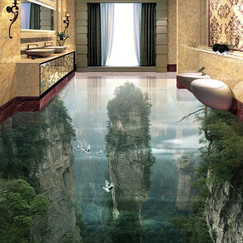 Custom Photo Floor 3D Cliffs Mountain Peaks Living Room Bathroom 3D Floor Tiles Mural Self-Adhesive Wallpaper Roll Waterproof