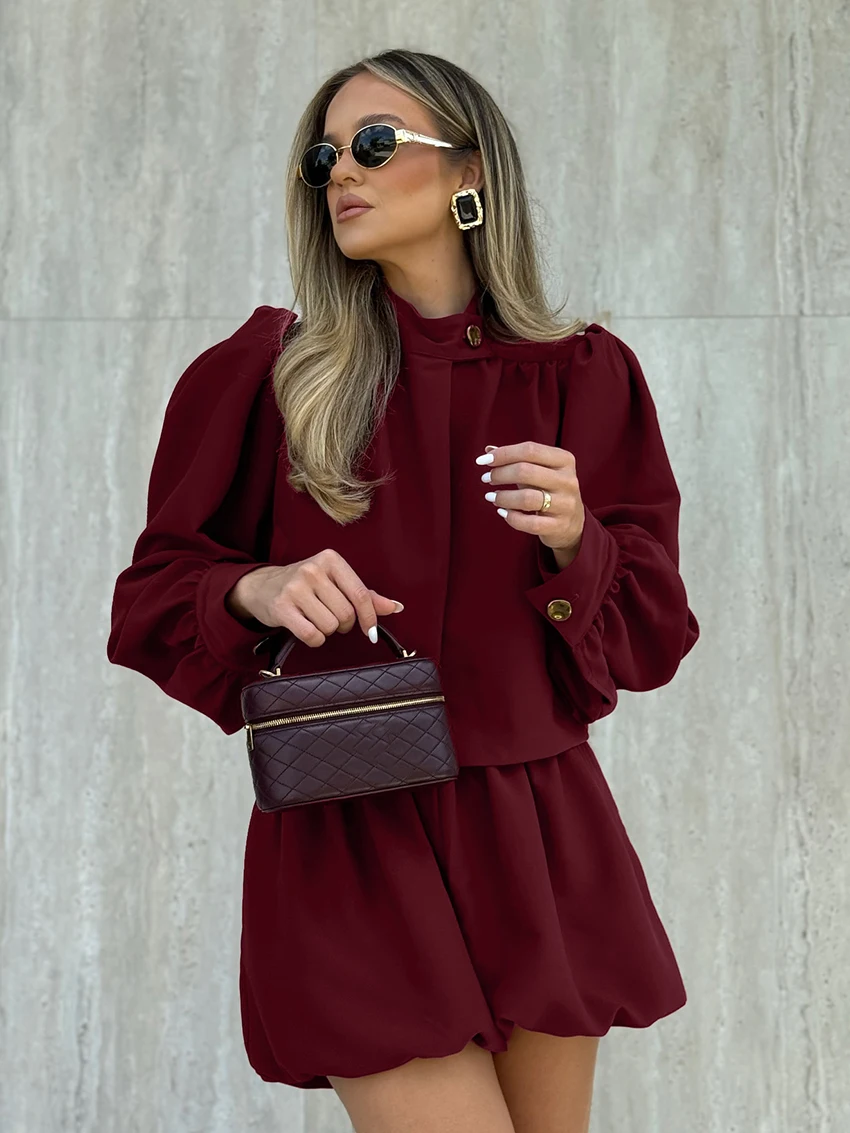 

Marthaqiqi Fashion Ladies Sleepwear Set Long Sleeve Nightgowns O-Neck Pajamas Crop Top Nightwear Shorts Red Female Nightie Suit
