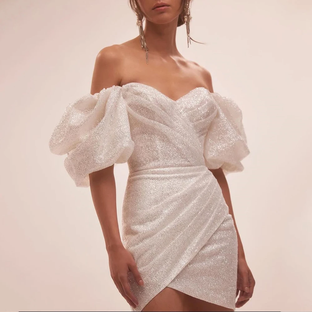 

Fashion Glitter Cocktail Dress V-Neck Off the Shoulder Short Sleeve with Pleat Above Knee Ladies Customized Party Gowns New