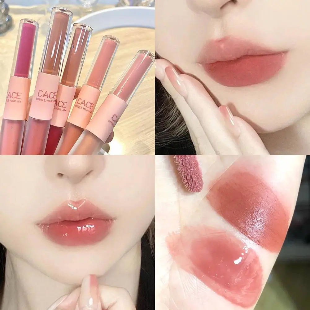 Double Ended Lip Gloss Batom, Espelho Translúcido, Estudantes Lip Lipstick, Cosméticos Matte Coreano, Esmalte Luz Água, M3L9, 1Pc