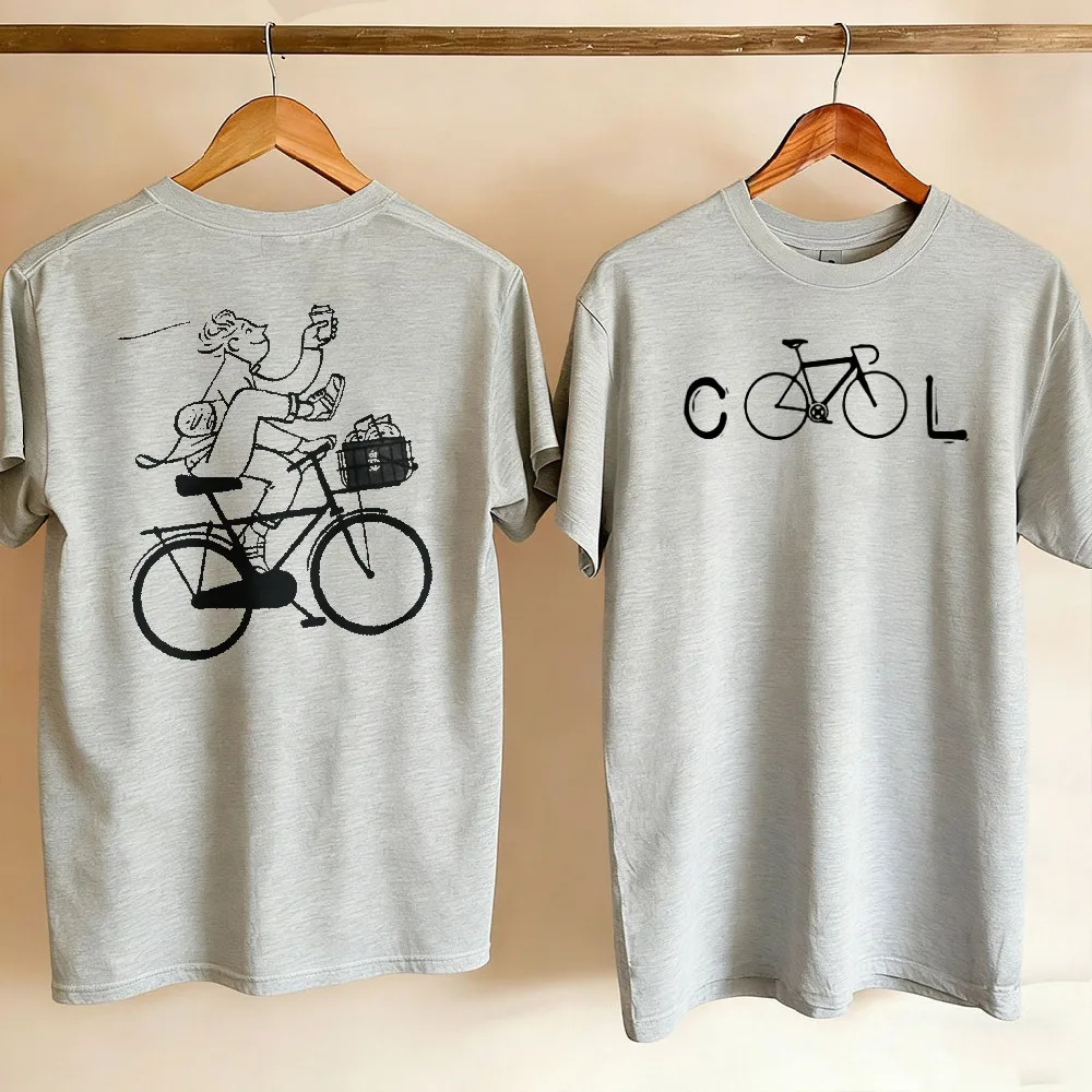 Unisex Double Sided Print Tshirt Cool Bicycle Letter Front Lady Riding Bike with Dog Sketch Back Cotton Casual Cycling Lover Top