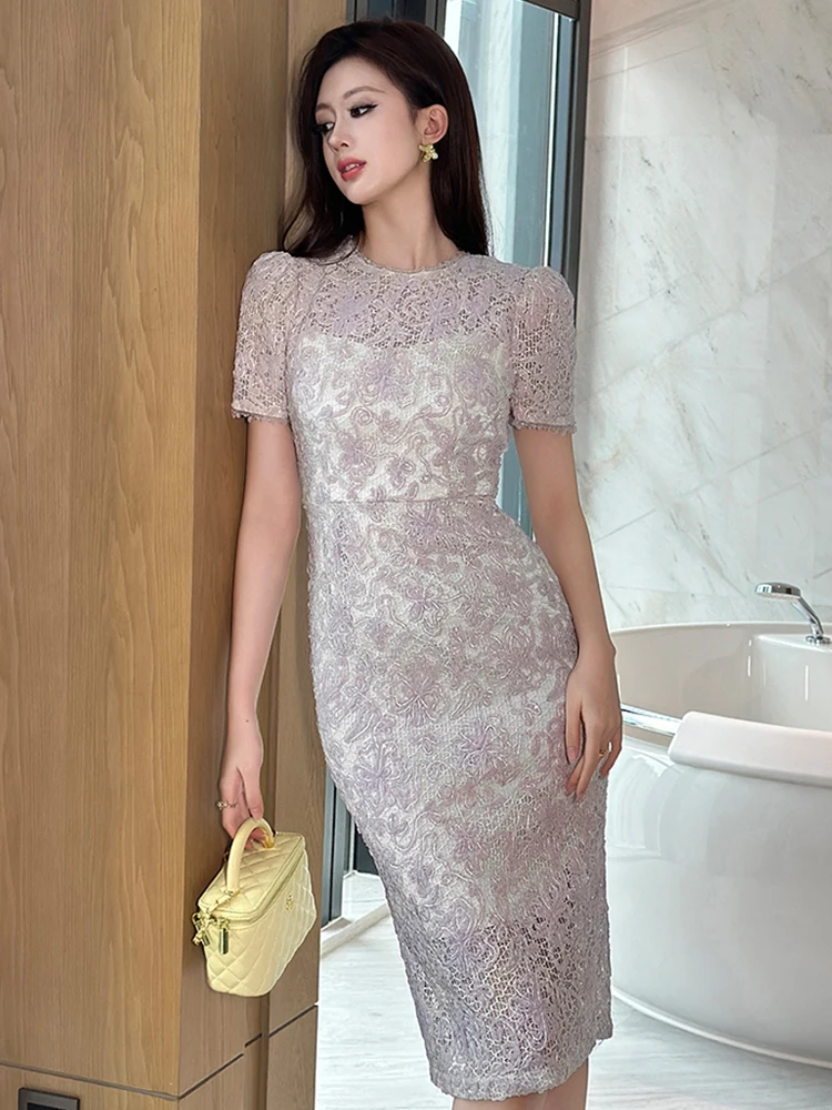 Robe de soirée élégante en dentelle transparente pour femmes, vêtements doux et Sexy, Robe de fête d'anniversaire, maille perlée, cravate à fleurs