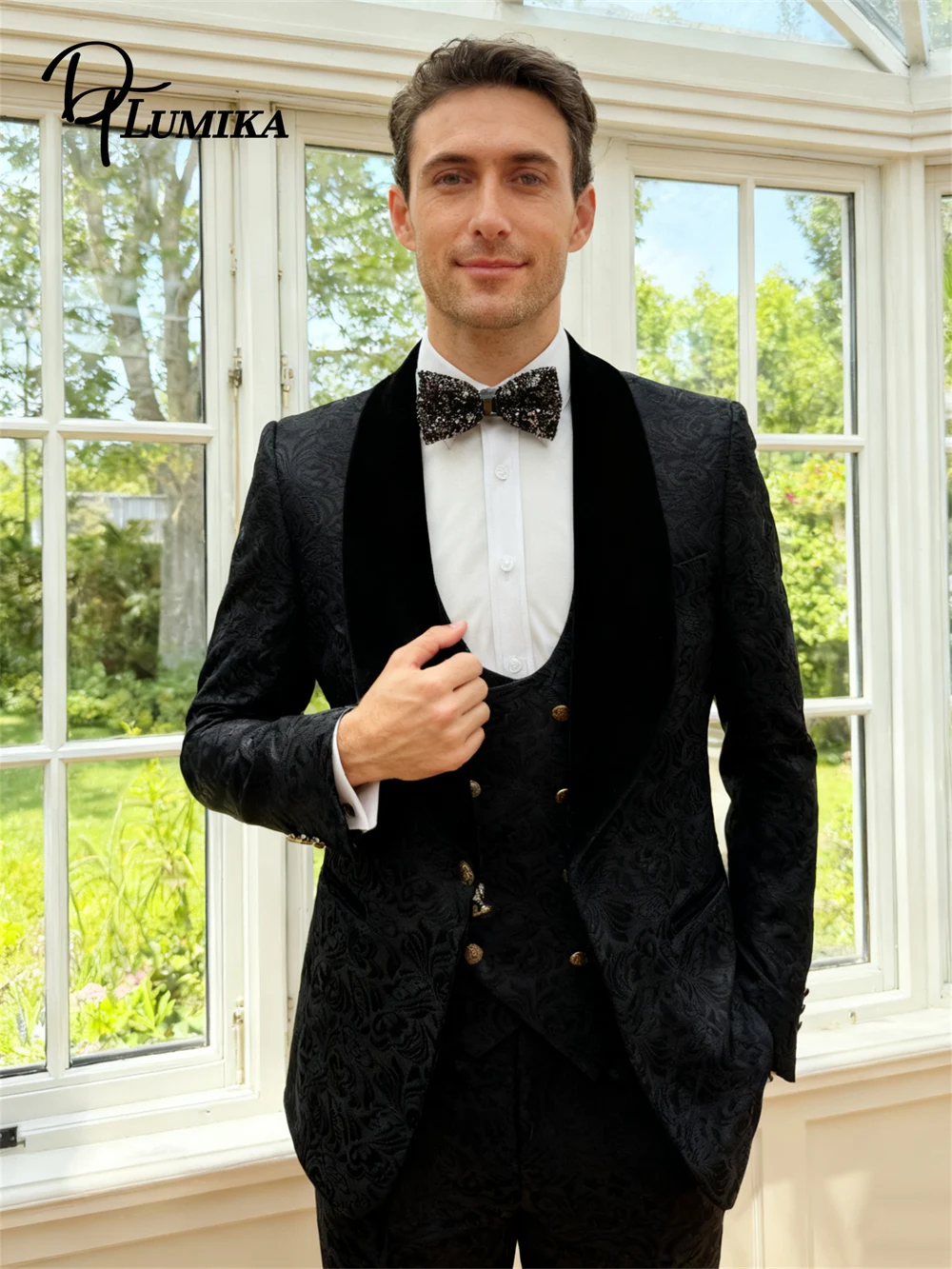 

DTLumika Black Paisley Suit for Men, Velvet Collar 3-Piece Suit Set, Dinner Jacket Vest Pants Set Actual Photo Groom Suits
