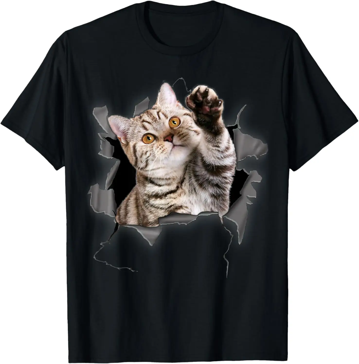 Funny Cat Breaking Through Torn Cloth Graphic Tee Breathable Soft T-Shirt for Cat Lovers