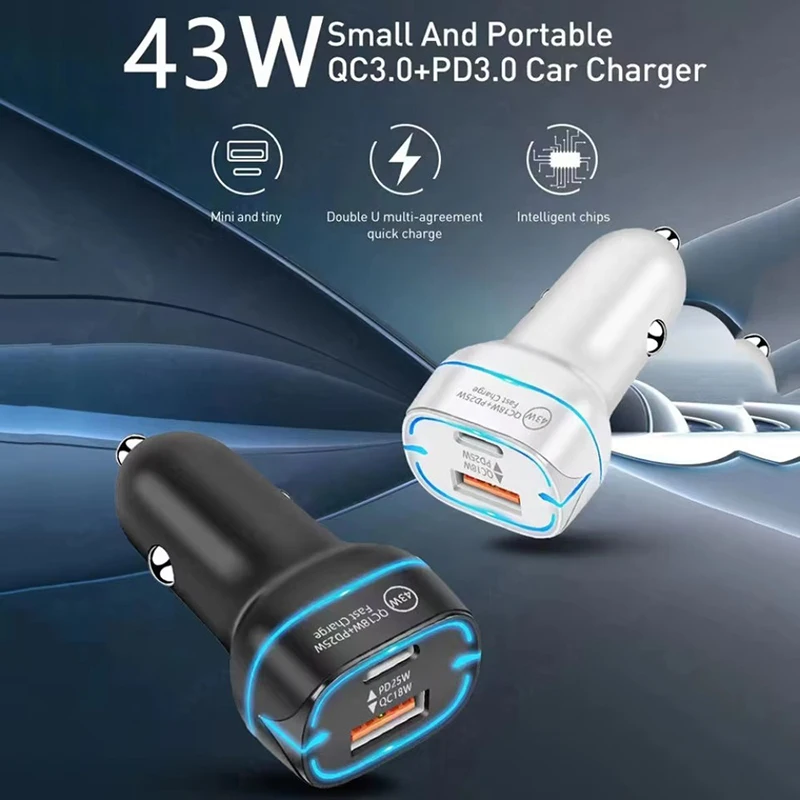 Dual Port 43W Car Charger Fast Charging Adapter Type C PD 25W USB A QC 18W Auto Power Supply with LED Ring Feature For iPhone