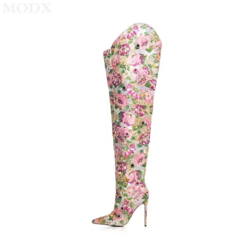 Pink Flower Print Over The Knee Boots Luxury Rhinestones Decor Pointed Toe Thigh-high Boots Mixed Color Gemstones Runway Shoes