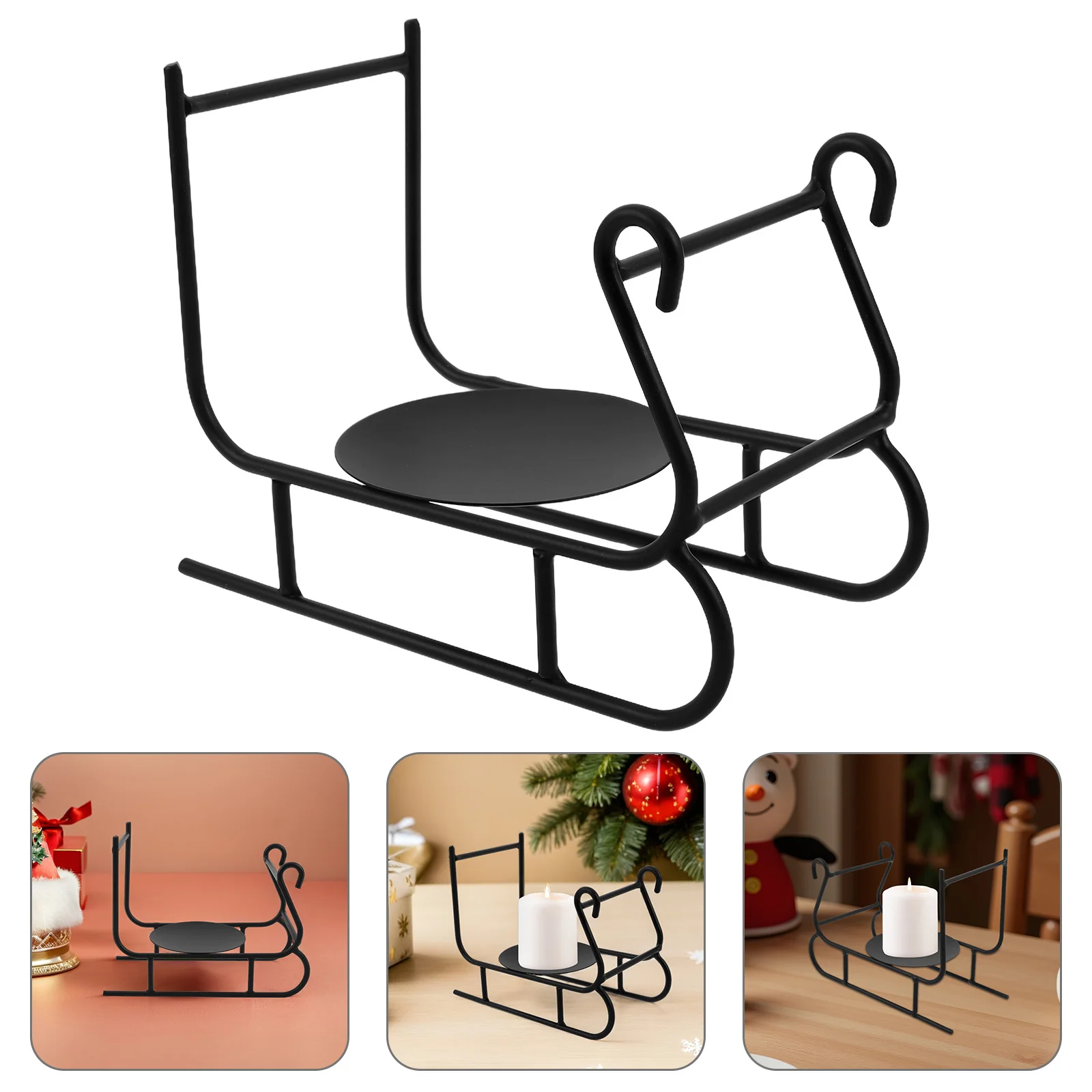 

Christmas Holder: Black Iron Sleigh Candlestick Stand For Holiday Wedding Tabletop Decor, Vintage Pillar