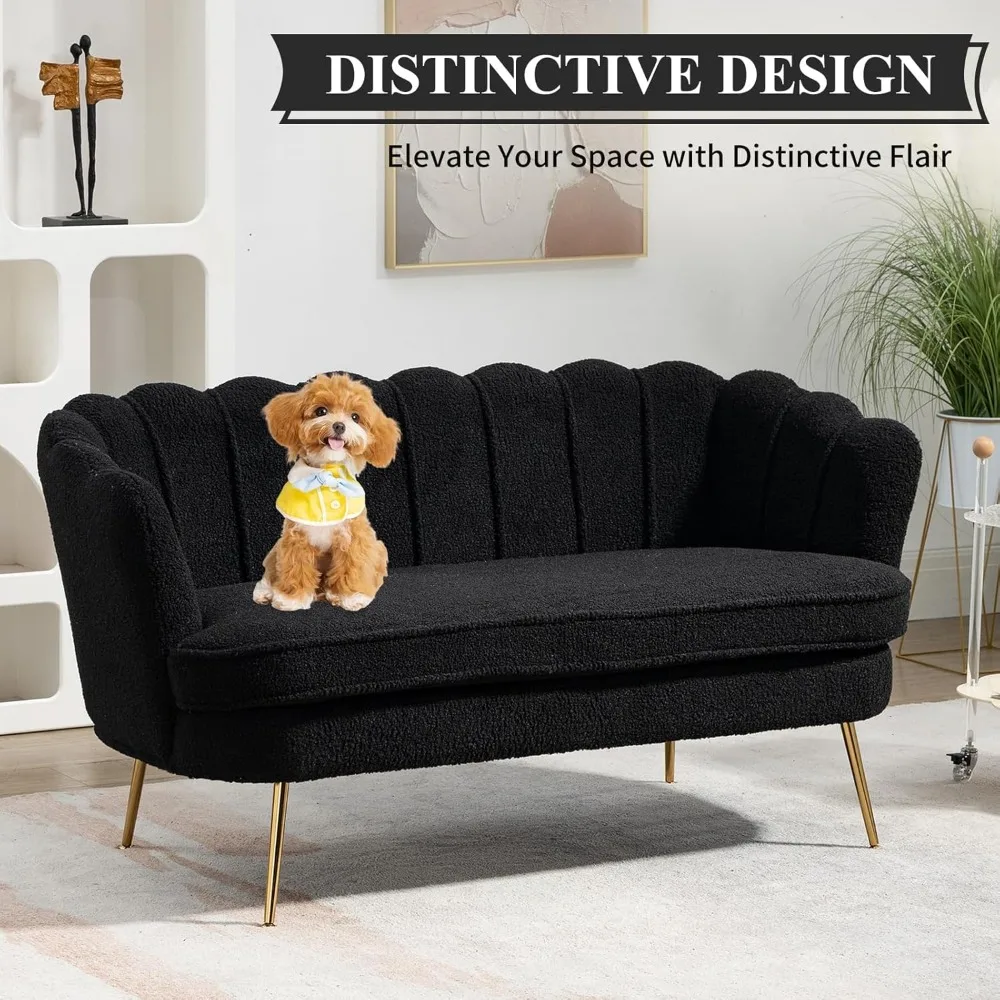 أريكة بمقعدين حديثة بتصميم بتلات، أريكة منجدة صغيرة بأرجل ذهبية، مثالية للترفيه والراحة في الغرف الصغيرة #3