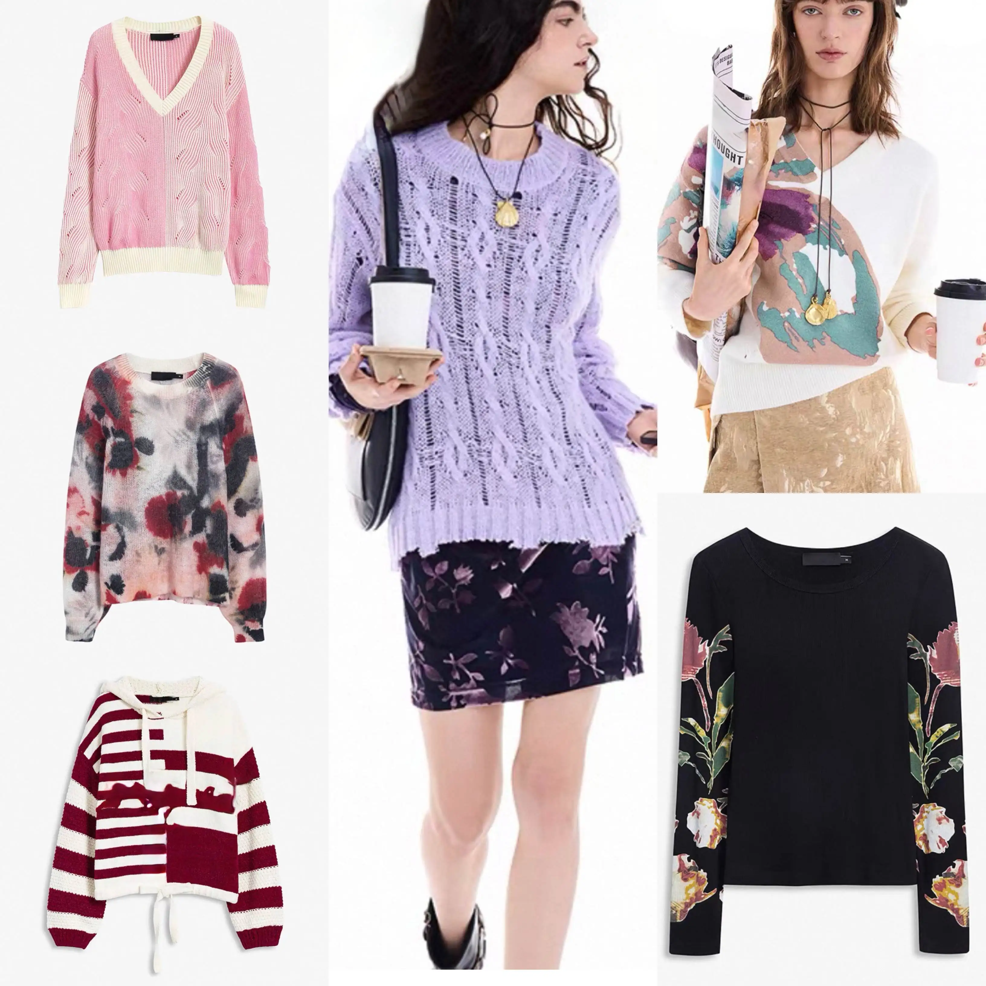 European, American, Spanish original single autumn and winter warm women's knitted sweater with contrasting embroidery splicing