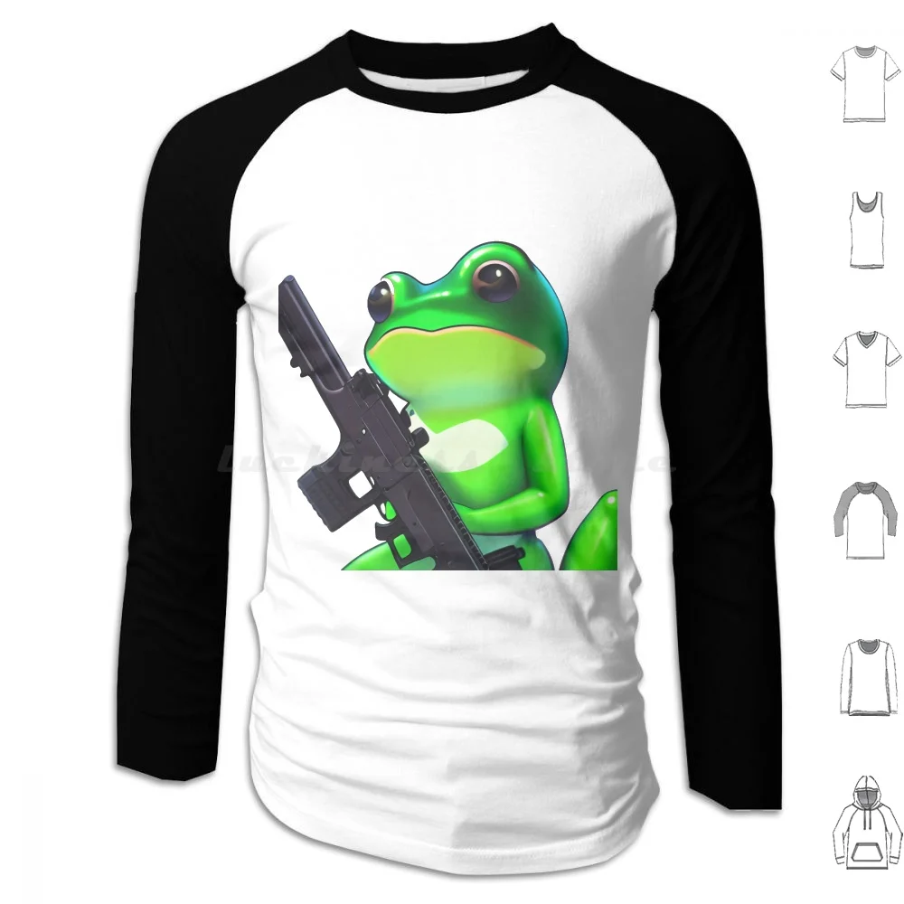 Green Frog With Gun Hoodies Long Sleeve Gun Guns Funny Military Army Movie Maverick Rifle Navy Anime Firearms Cool Frog