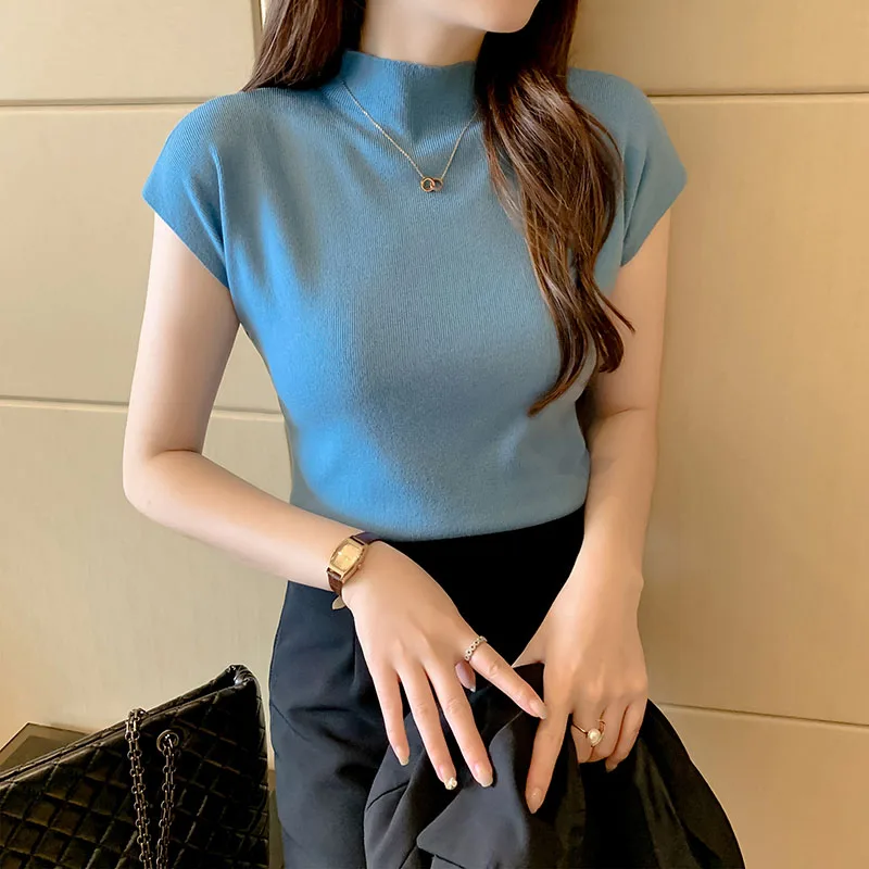 Frauen Sommer Sexy Gestrickte Rollkragen Ärmellose T-Shirts Tops Solide Slim Fit Pullover Kausalen Tees Weibliche Streetwear Grundlagen Tees – Detail 8