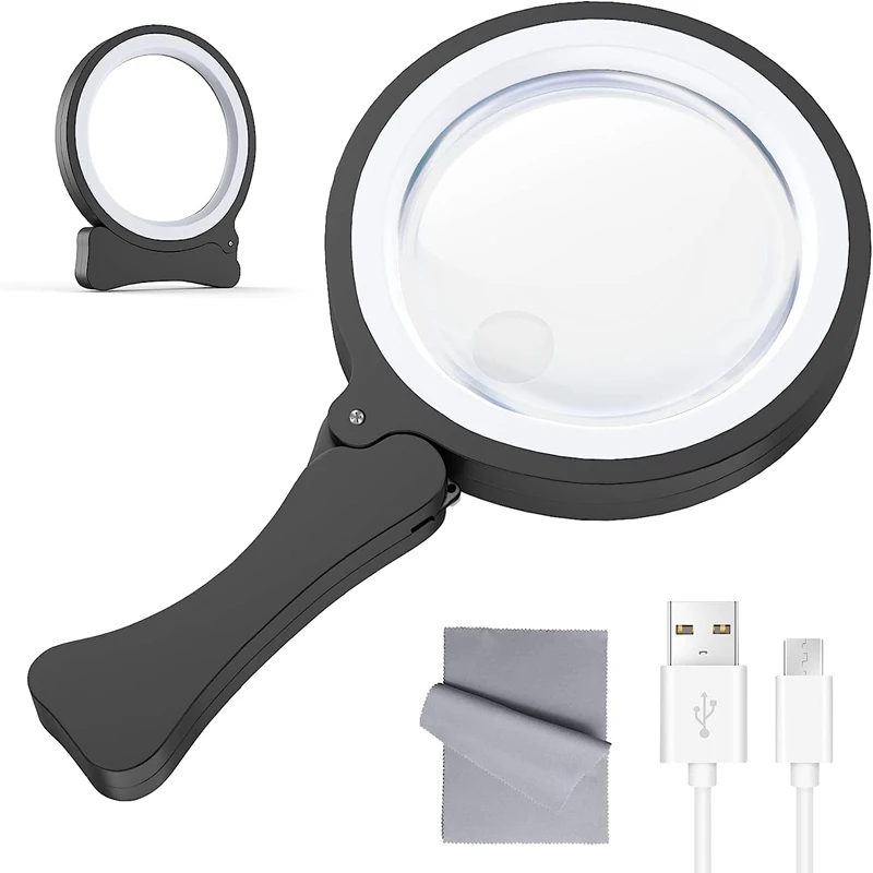 1 Piece Reading Magnifier Portable Foldable Magnification 3X 6X  With 17 LED Light Black