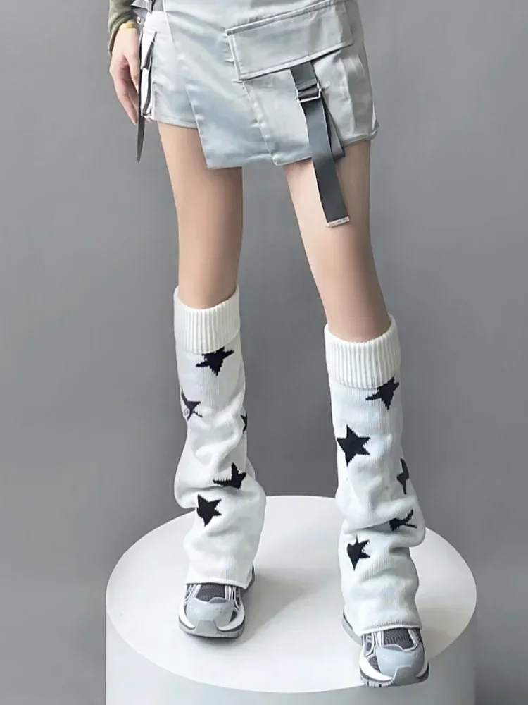Leg Warmers Japanese Star Print Two-Side Wear Women Leg Warmers Socks JK Boot Cover Lolita Y2k Harajuku Knitted Sock Streetwear