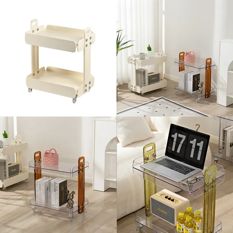 Nordic Clear Acrylic Coffee Table with Wheels Movable Living Room Side Table Modern Transparent End Table Rack