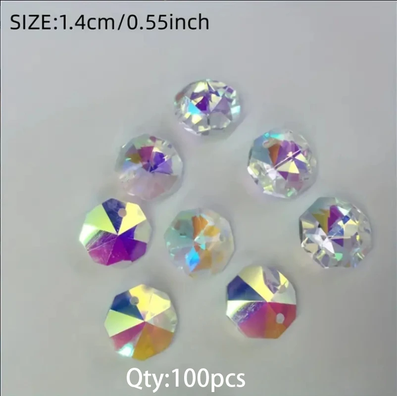 100Pcs 14mm Colorful Octagon Crystal Beads DIY Chandelier Parts Replacement Prisms For Light Fixtures Glass Hanging Pendants