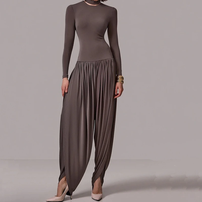 

New Style Round Neck Long Sleeve Draped Jumpsuit, Sexy Hot Girl Slim Side Slit Long Pants.