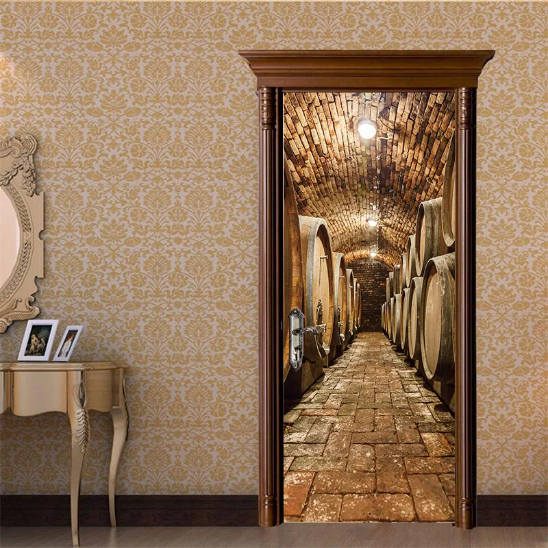 

Self-adhesive Door Wallpaper 3D PVC Home Decor Sticker Wine Cellar Barrel Retro Poster Mural Wall Decal Deursticker