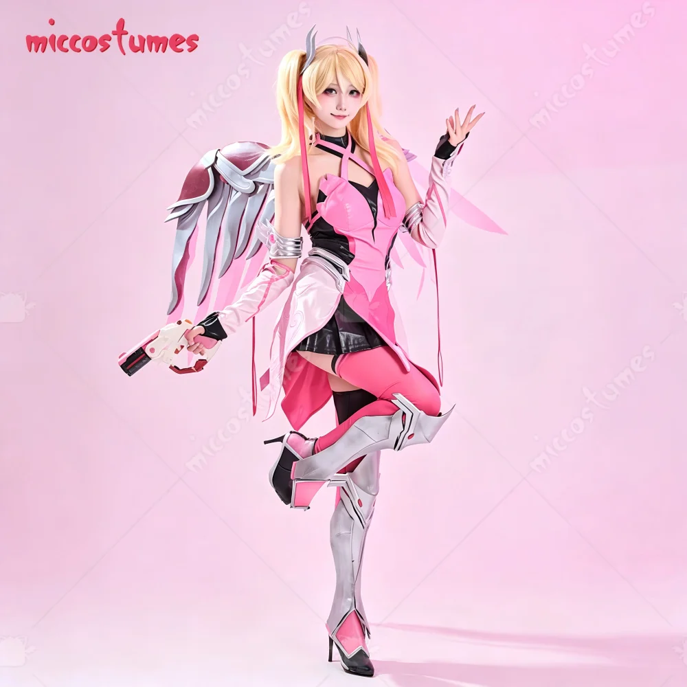 【Versandbereit】Miccostumes Damen Angela Pink Skin Cosplay-Kostümkleid mit Rock und Strumpfhose für Halloween