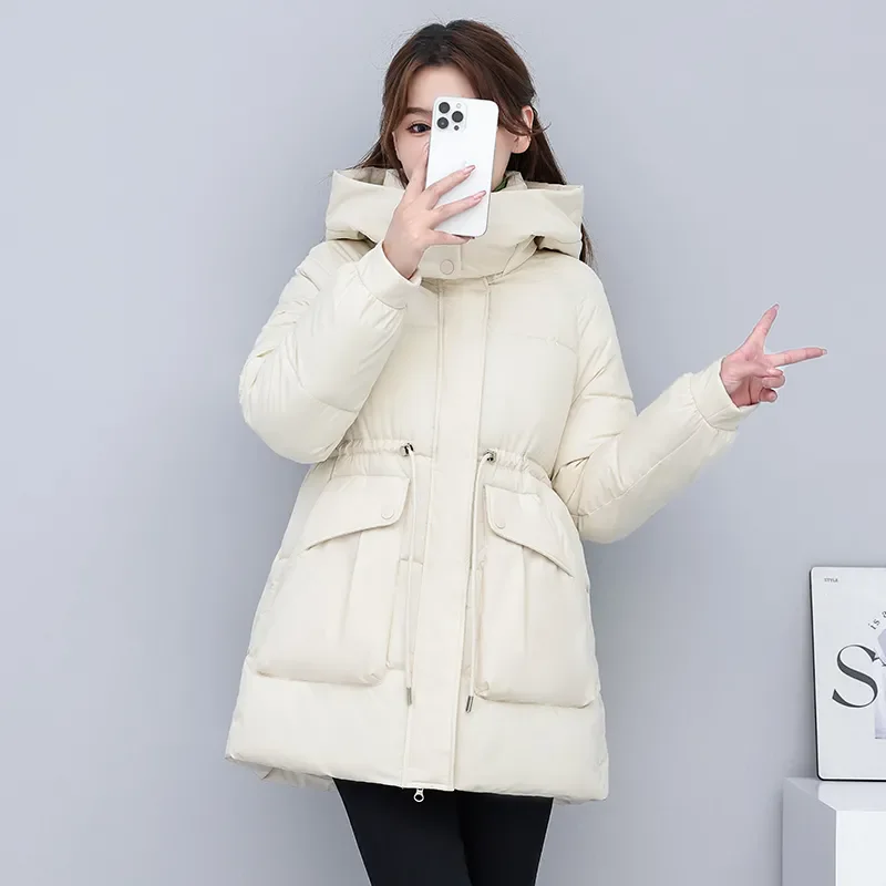 2025 Winter Cotton Coat Women's Mid-Length Jackets Elegant Parkas Thick Hooded Down Padded Jacket Black Brown Outerwear Female