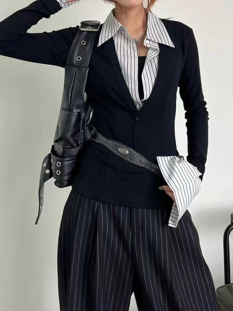 الجمالية الخريف الساخن فتاة المرقعة تي شيرت المرأة موضة خمر مخطط رقيقة بولو طوق القمصان الإناث شارع العليا Y2k تيز