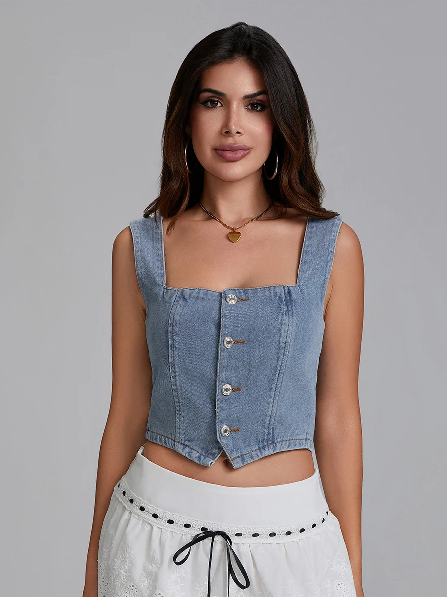 

New Womens Denim Tank Tops Slim Fit Square Neck Backless Back Shirred Sleeveless Button Down Crop Tops For Party Club Night