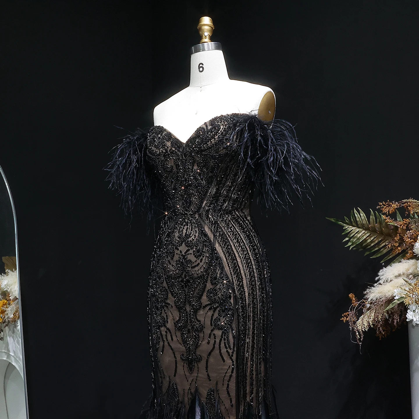 Sharon Said Luxuriöse Meerjungfrauen-Abendkleider, schulterfrei, mit Federn und Perlen, saudi-arabische Damen-Partykleider SS792, maßgeschneidert – Detail 7