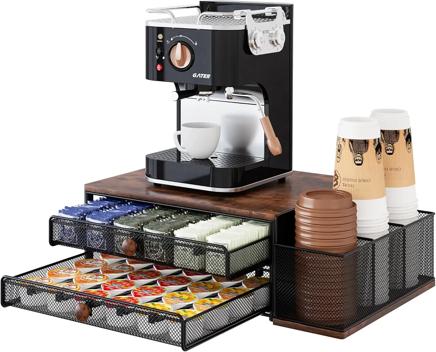 

60 Capacity Coffee Pod Organizer, 2 Tier Sliding Drawer with Cup & Lid Holder for Countertop, Black