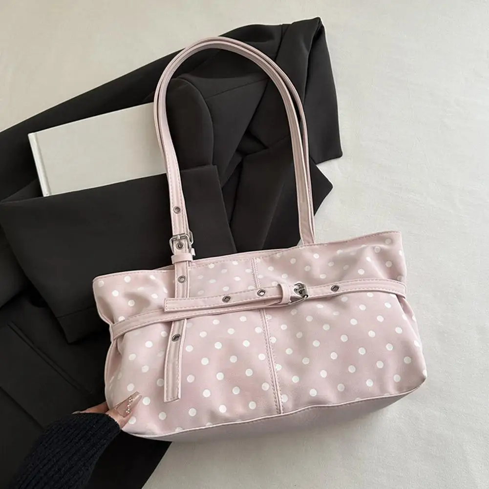 Damen-Tragetasche mit Polka-Dots, große Kapazität, Schulterhandtasche, Vintage, lässig, für Pendler und Einkäufe – Detail 7