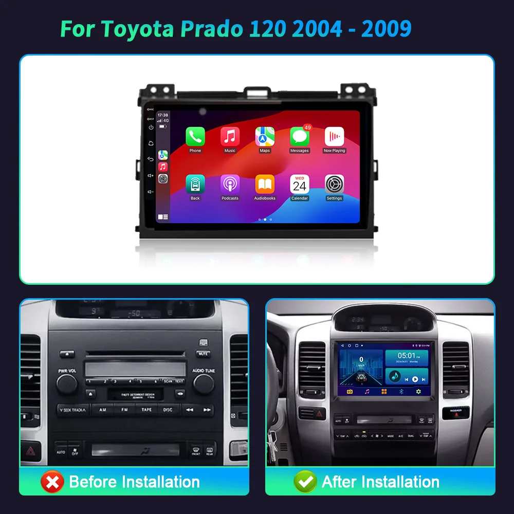 Car Radio Multimedia Video 4G GPS For Toyota Prado 120 2004-2009 Android 14 Navigation Multimedia Wireless Carplay Touch Screen