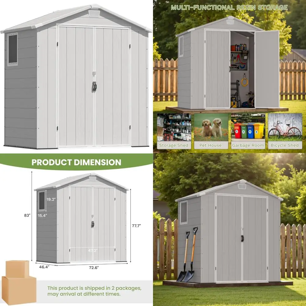 Cobertizo de almacenamiento de plástico para exteriores de 6x4 pies con piso, puertas dobles bloqueables, ventana y rejillas de ventilación para almacenamiento de herramientas para todo tipo de clima