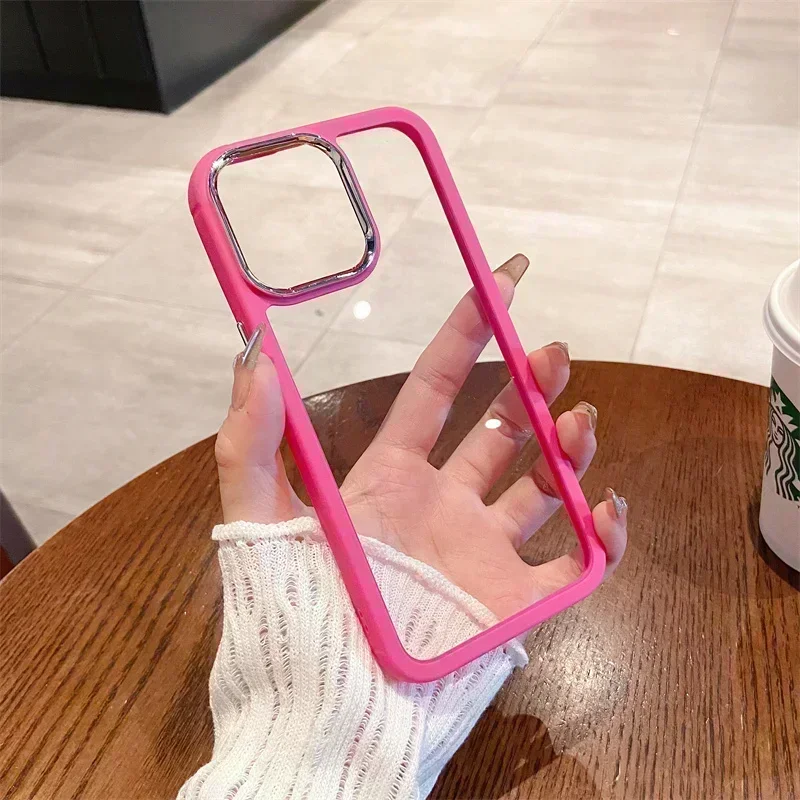 เคสกันกระแทกใสปกป้องเลนส์กล้องโลหะสุดหรูสำหรับ iPhone 11 13 12 14 PRO MAX สีชมพูฝาครอบใส