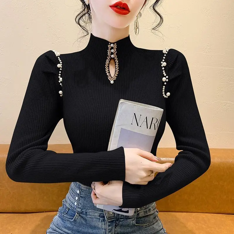 女性用セミタートルネックニットセーター,パールプルオーバー,スリムフィット,インナーウェア,用途の広い,シンプル,秋,冬,新品