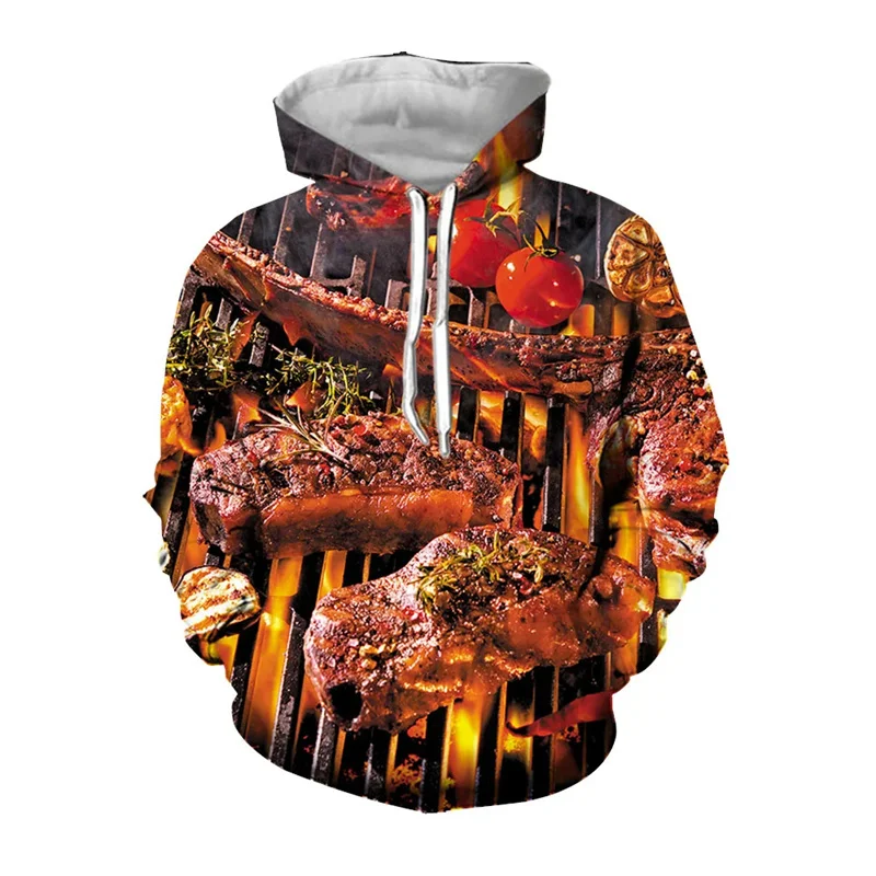 

Funny Barbecue Pattern Hoodies Fashion Trend Long Sleeve Food Steak 3D Printed Sweatshirt Casual Loose Outdoor Mens Pullovers