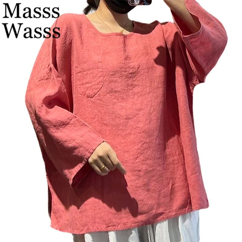 

Masss Wasss 2026 Korean Clothes Women Spring O Neck Casual Cotton Shirts Fashion Tops Ladies Classic Vintage Long Sleeve Blouses