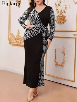 Plus Size autunno abito lungo donna elegante moda a righe irregolare Patchwork abiti da donna Ruffle pieghettato abito donna con scollo a v